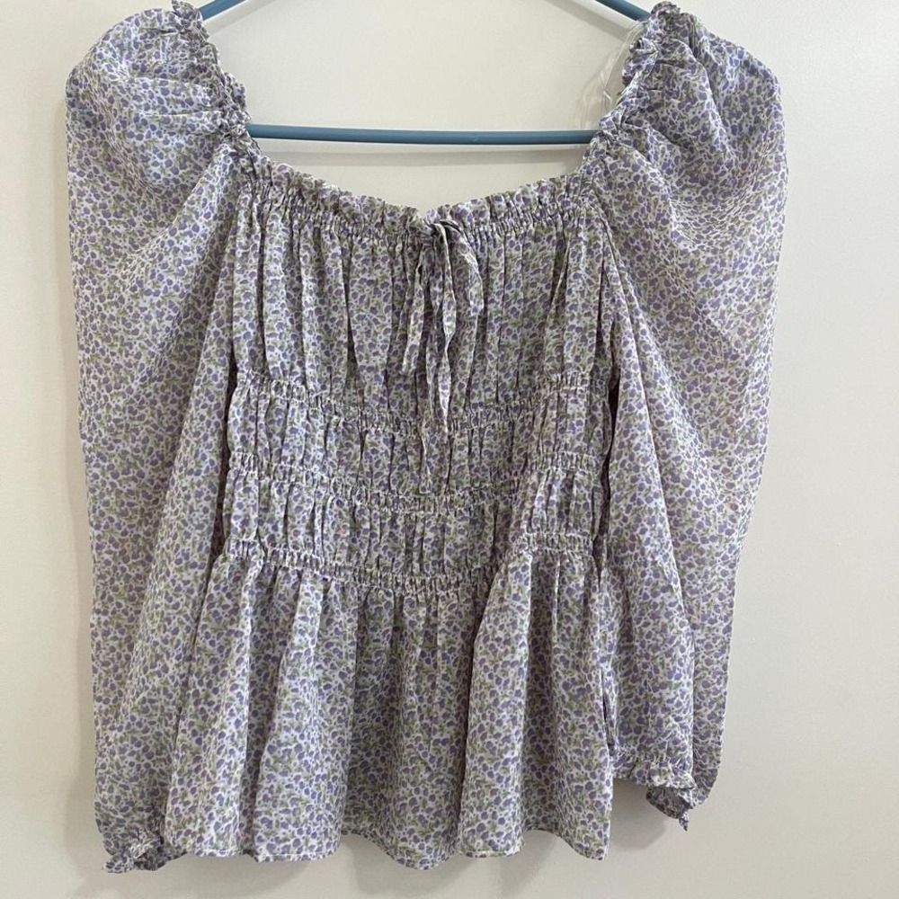 Floral Smocked Peasant Top Small Puff Sleeve Elastic Neck Empire Waist Y2K Fairy